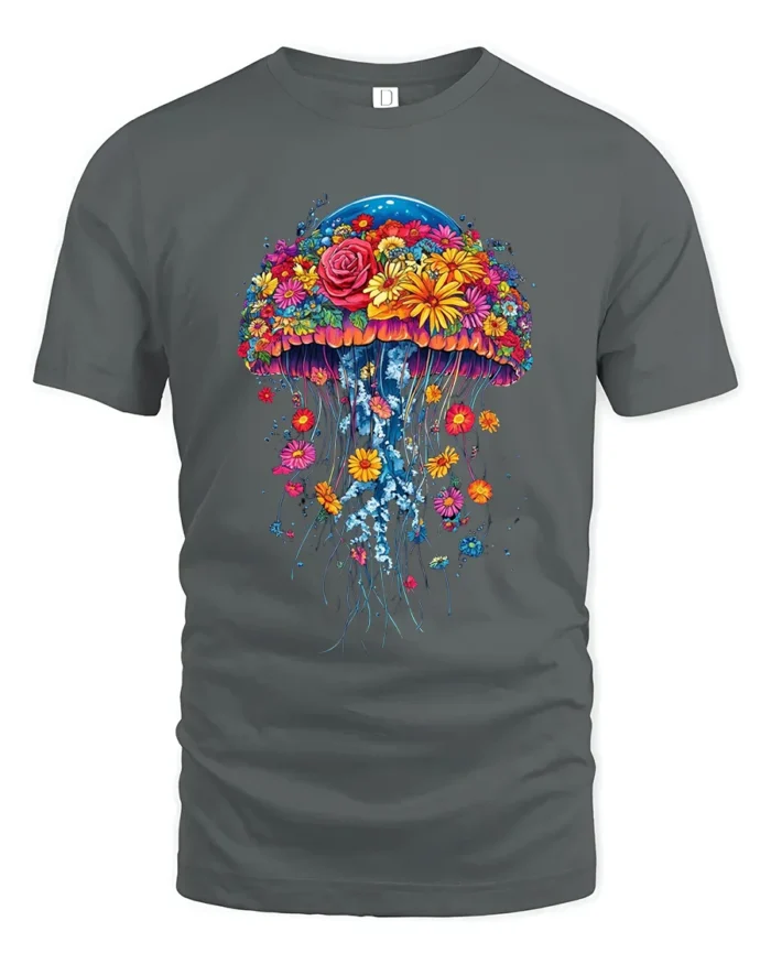 Floral Jellyfish T-Shirt Vibrant Ocean Nature Tee for Flower and Sea Lovers - gray t-shirt on white background