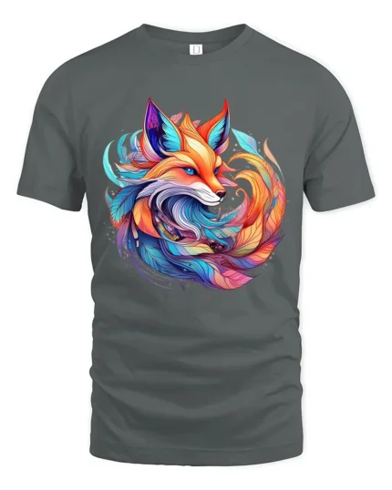 Colorful Fox T-Shirt Artistic Spirit Animal Tee with Vivid Fantasy Design - gray t-shirt on white background
