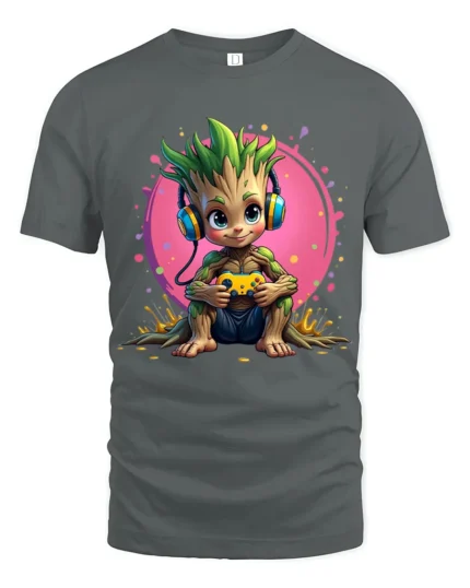 Gaming Tree Sprout T-Shirt - Funny Nerdy Tee with Headphones and Controller - gray t-shirt on white background