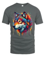 Colorful Wolf Head T-Shirt Vibrant Artistic Animal Print Tee for Nature Lovers - gray t-shirt on white background