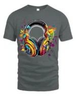 Retro Headphones T-Shirt Funky Music Lover Tee with Bright Audio Design - gray t-shirt on white background