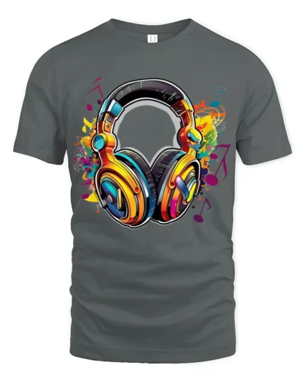 Retro Headphones T-Shirt Funky Music Lover Tee with Bright Audio Design - gray t-shirt on white background