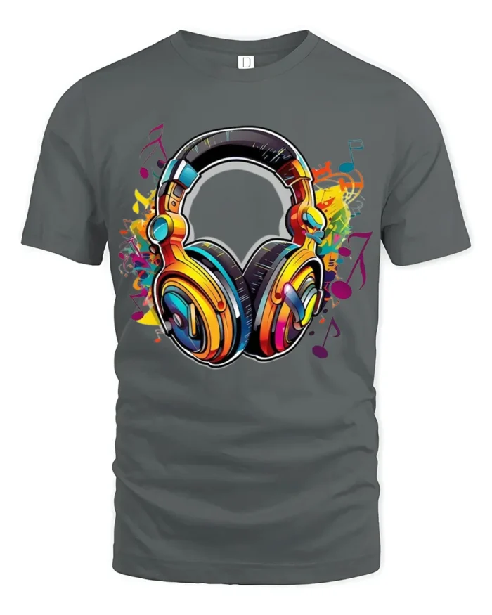 Retro Headphones T-Shirt Funky Music Lover Tee with Bright Audio Design - gray t-shirt on white background
