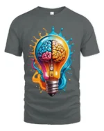 Creative Brain Lightbulb T-Shirt Artistic Mind Power Graphic Tee in Soft Cotton - gray t-shirt on white background