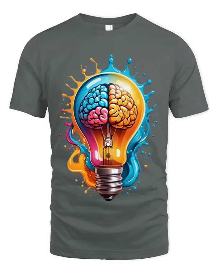 Creative Brain Lightbulb T-Shirt Artistic Mind Power Graphic Tee in Soft Cotton - gray t-shirt on white background