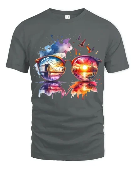 Cool City View Through Sunglasses Artistic Vacation Style Graphic Tee - gray t-shirt on white background
