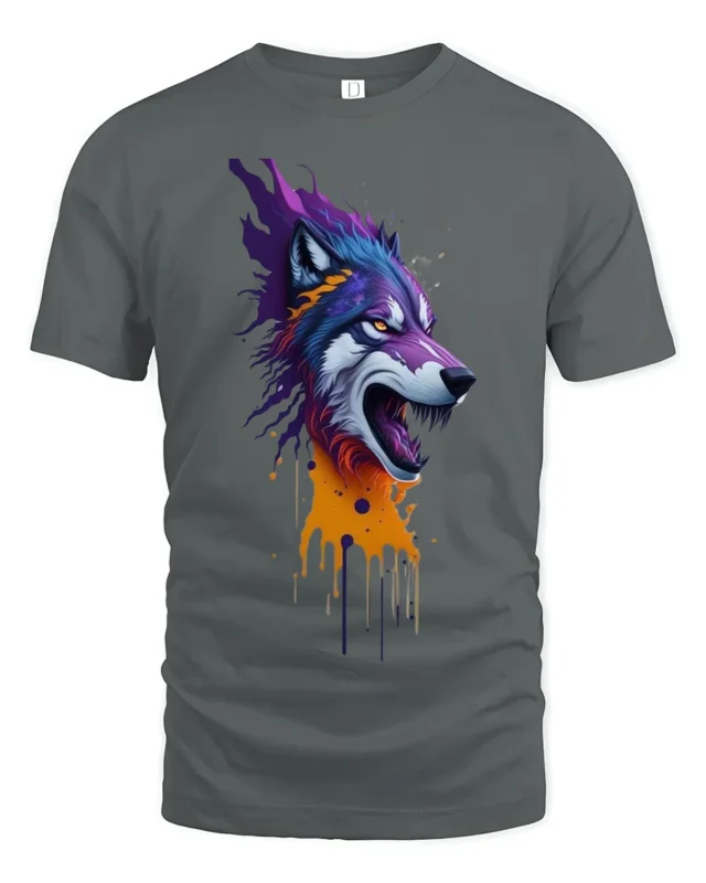 Howling Wolf T-Shirt with Dripping Paint Design Soft Cotton Tee for Wild Souls - gray t-shirt on white background