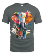 Colorful Elephant T-Shirt with Floral Design Soft Artistic Jungle Tee for Nature Fans - gray t-shirt on white background
