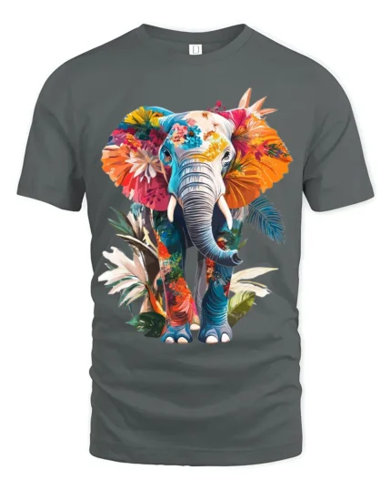 Colorful Elephant T-Shirt with Floral Design Soft Artistic Jungle Tee for Nature Fans - gray t-shirt on white background
