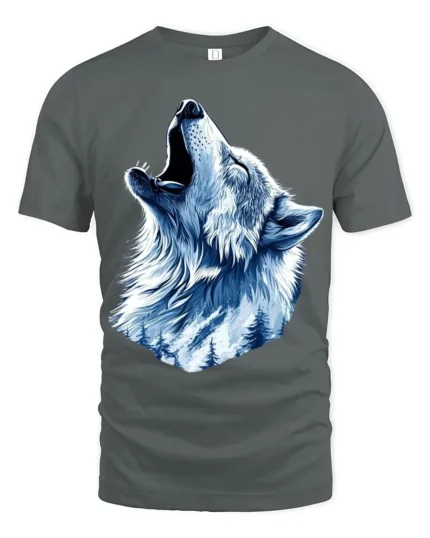 Winter Wolf Graphic T-Shirt Mountain Howl Animal Tee for Outdoor and Wildlife Fans - gray t-shirt on white background