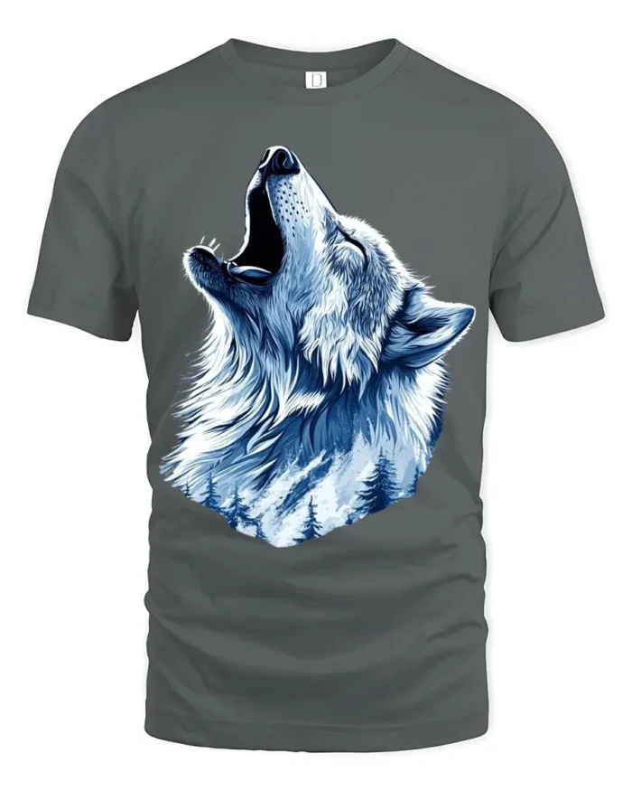 Winter Wolf Graphic T-Shirt Mountain Howl Animal Tee for Outdoor and Wildlife Fans - gray t-shirt on white background
