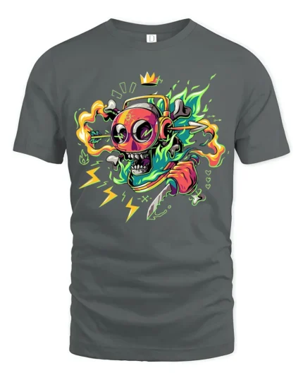 Neon Skull T-Shirt with Knife and Headphones Graphic Street Tee for Edgy Looks - gray t-shirt on white background