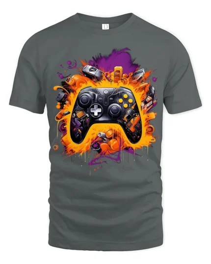Gamer Controller Explosion T-Shirt Cool Graphic Tee for Video Game Lovers USA - gray t-shirt on white background