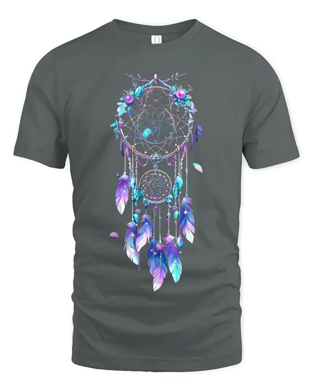 Spiritual Dreamcatcher Graphic T-Shirt Soft Bohemian Tee with Feathers Design - gray t-shirt on white background