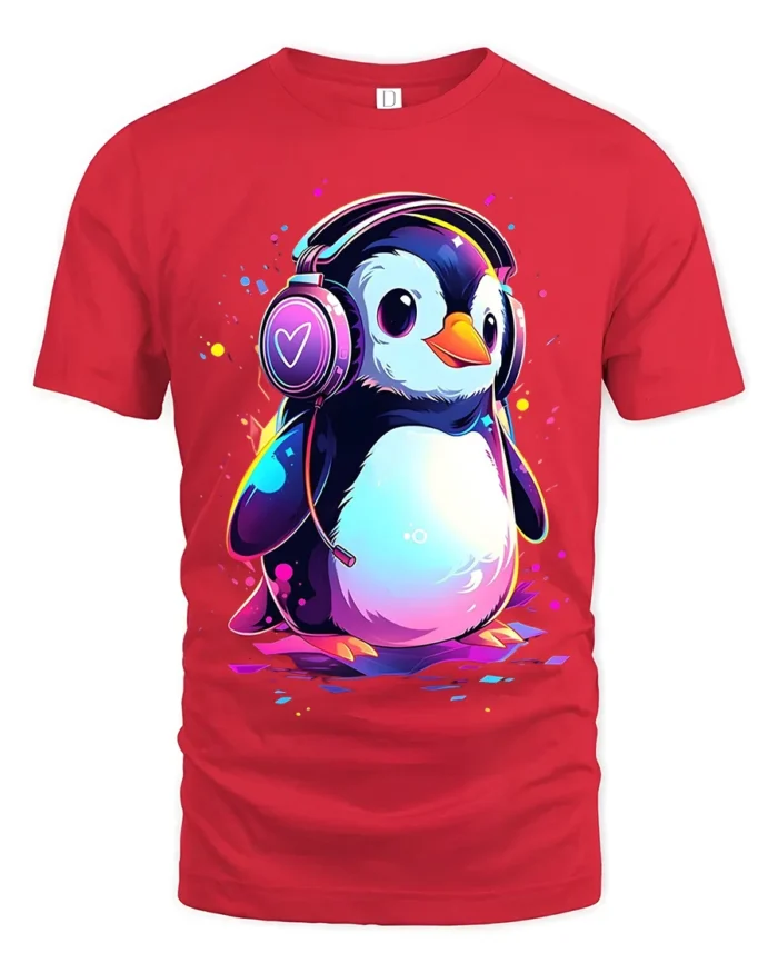 Cute Penguin DJ T-Shirt for Music Lovers Soft Cotton Tee with Vibrant Print - red t-shirt on white background