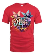 Papa Heart Butterfly T-Shirt Colorful Gift Tee for Dad’s Birthday or Father’s Day - red t-shirt on white background