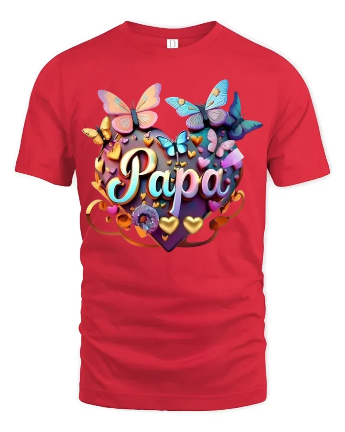 Papa Heart Butterfly T-Shirt Colorful Gift Tee for Dad’s Birthday or Father’s Day - red t-shirt on white background