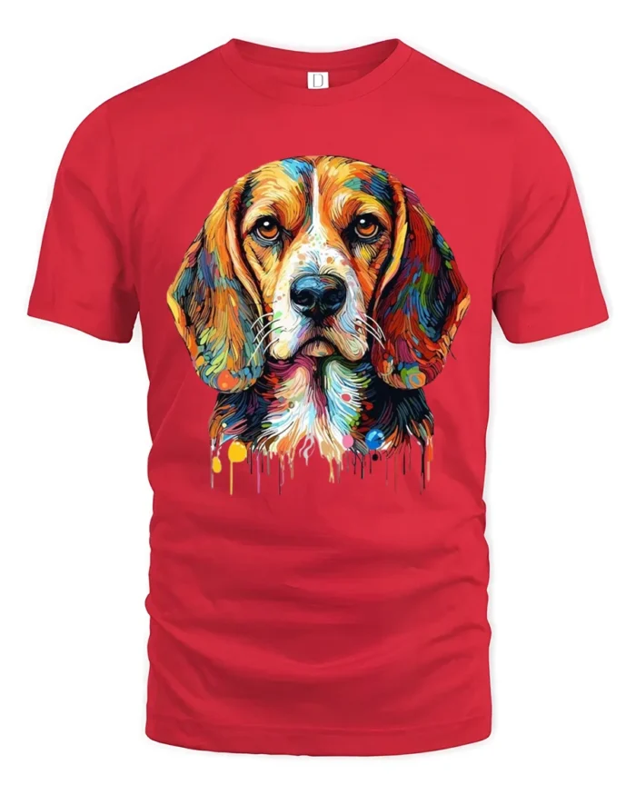 Rainbow Beagle Art T-Shirt Cute Colorful Dog Graphic Tee for Animal Fans - red t-shirt on white background