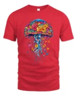 Floral Jellyfish T-Shirt Vibrant Ocean Nature Tee for Flower and Sea Lovers - red t-shirt on white background
