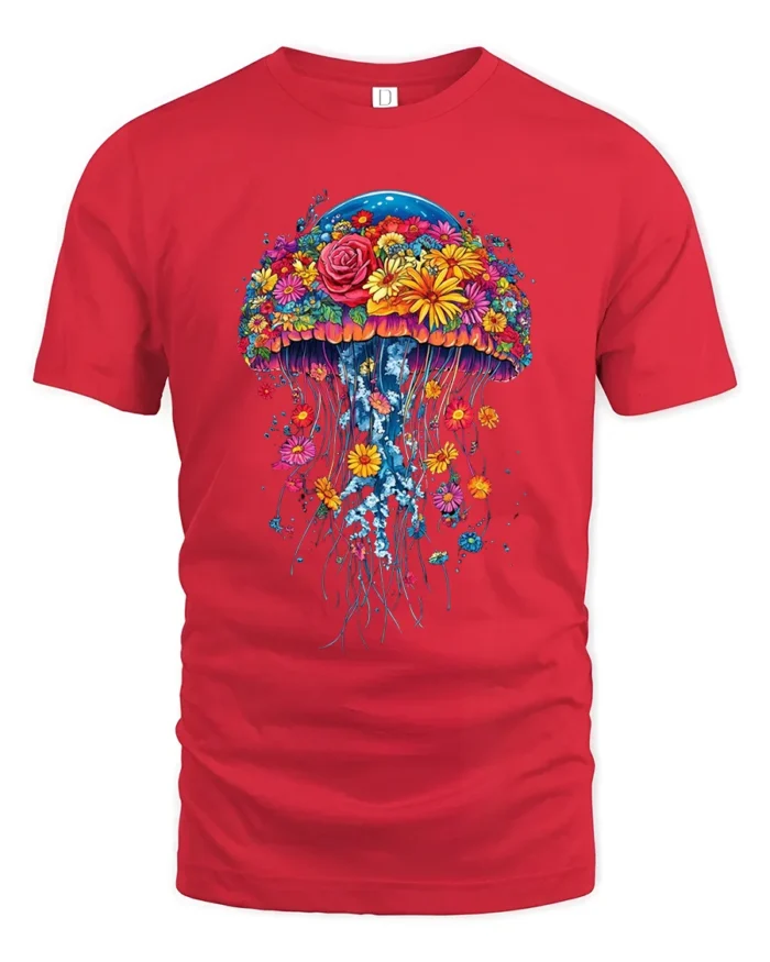 Floral Jellyfish T-Shirt Vibrant Ocean Nature Tee for Flower and Sea Lovers - red t-shirt on white background