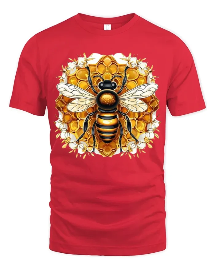 Bee Lover T-Shirt Stylish Honeycomb Insect Art Tee for Nature Fans and Gardeners - red t-shirt on white background