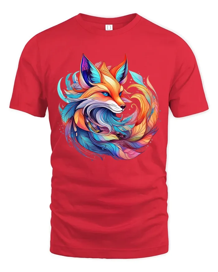 Colorful Fox T-Shirt Artistic Spirit Animal Tee with Vivid Fantasy Design - red t-shirt on white background