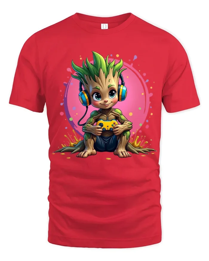 Gaming Tree Sprout T-Shirt - Funny Nerdy Tee with Headphones and Controller - red t-shirt on white background