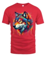 Colorful Wolf Head T-Shirt Vibrant Artistic Animal Print Tee for Nature Lovers - red t-shirt on white background