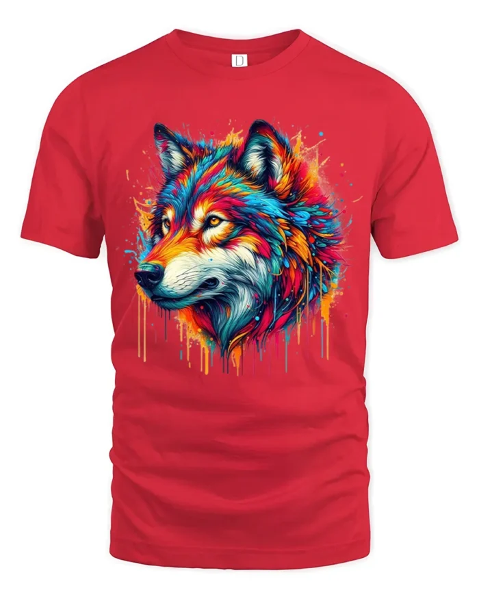 Colorful Wolf Head T-Shirt Vibrant Artistic Animal Print Tee for Nature Lovers - red t-shirt on white background
