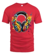 Retro Headphones T-Shirt Funky Music Lover Tee with Bright Audio Design - red t-shirt on white background