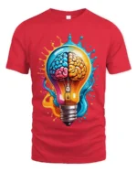 Creative Brain Lightbulb T-Shirt Artistic Mind Power Graphic Tee in Soft Cotton - red t-shirt on white background