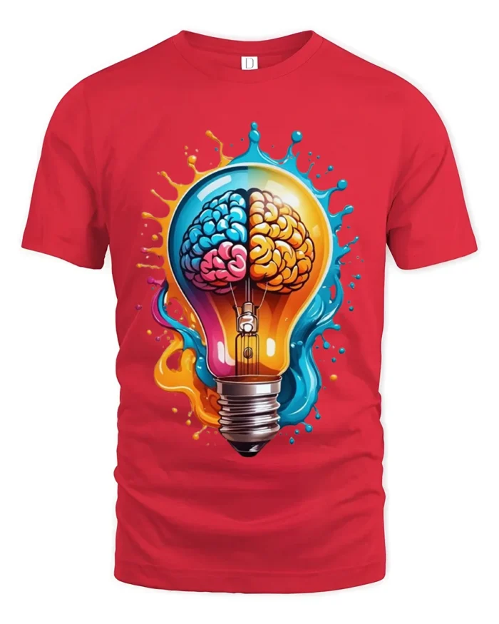 Creative Brain Lightbulb T-Shirt Artistic Mind Power Graphic Tee in Soft Cotton - red t-shirt on white background