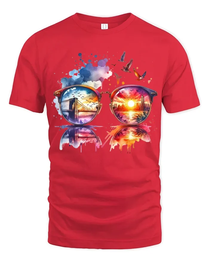 Cool City View Through Sunglasses Artistic Vacation Style Graphic Tee - red t-shirt on white background