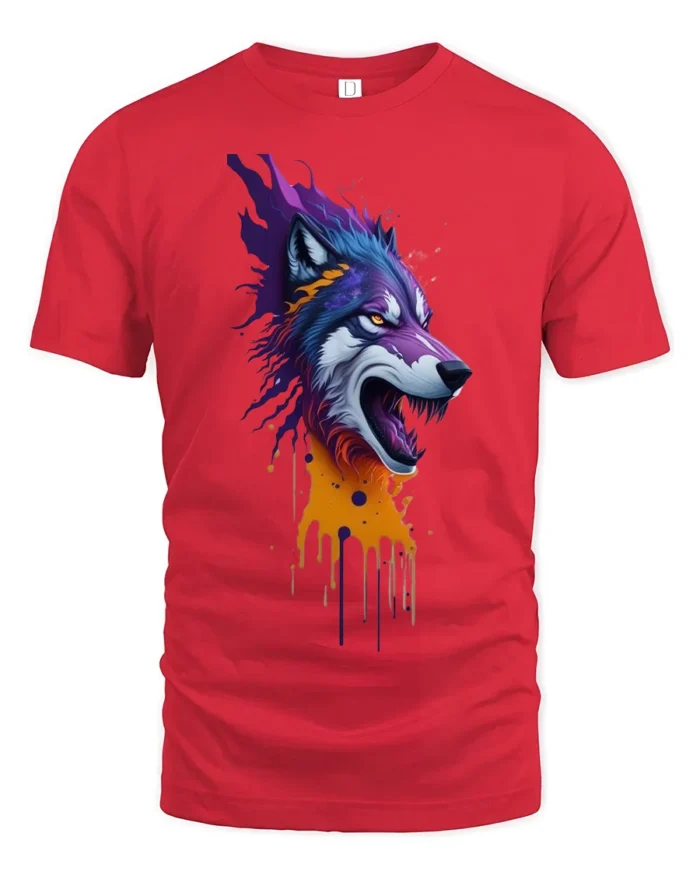 Howling Wolf T-Shirt with Dripping Paint Design Soft Cotton Tee for Wild Souls - red t-shirt on white background