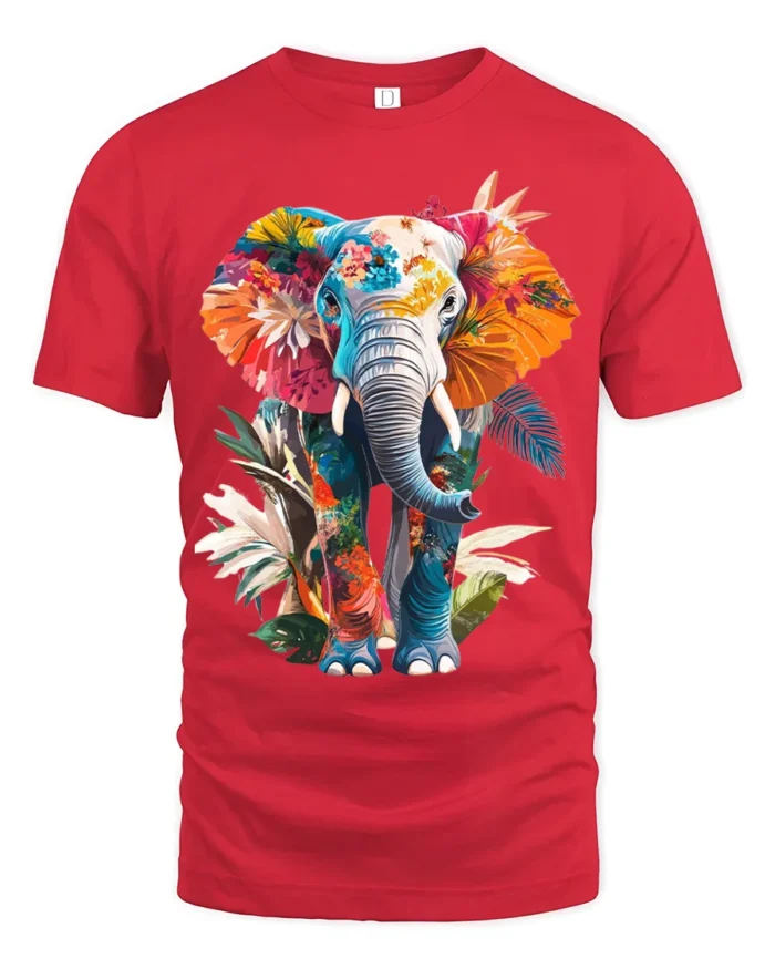 Colorful Elephant T-Shirt with Floral Design Soft Artistic Jungle Tee for Nature Fans - red t-shirt on white background