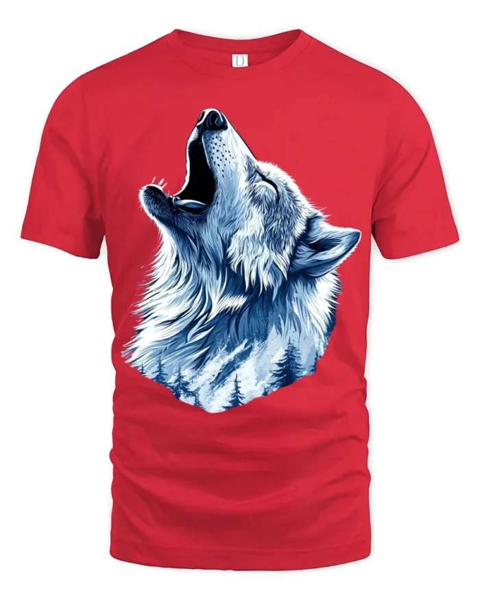 Winter Wolf Graphic T-Shirt Mountain Howl Animal Tee for Outdoor and Wildlife Fans - red t-shirt on white background