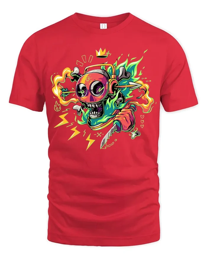 Neon Skull T-Shirt with Knife and Headphones Graphic Street Tee for Edgy Looks - red t-shirt on white background