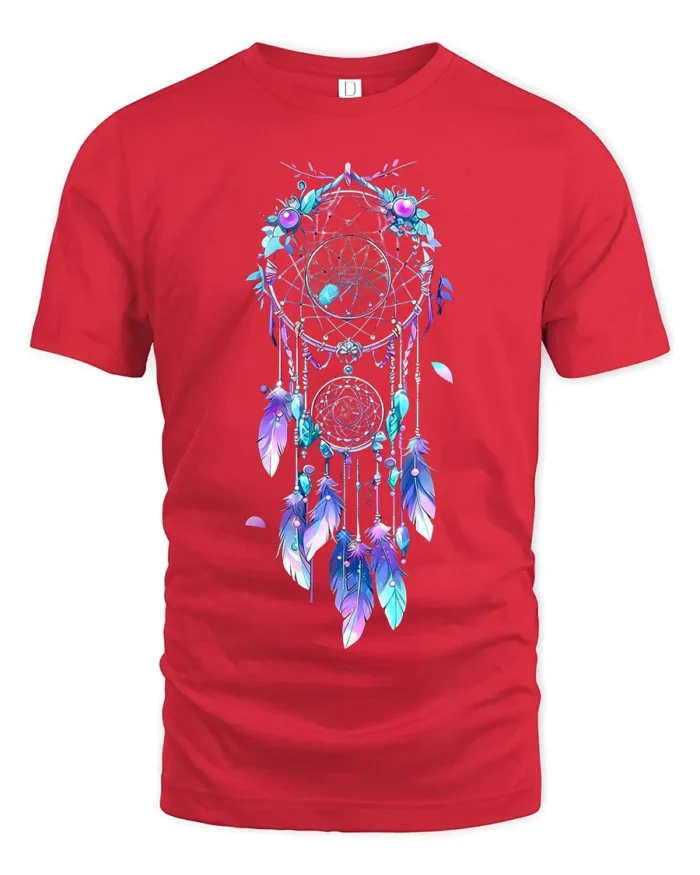 Spiritual Dreamcatcher Graphic T-Shirt Soft Bohemian Tee with Feathers Design - red t-shirt on white background