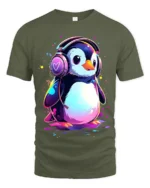 Cute Penguin DJ T-Shirt for Music Lovers Soft Cotton Tee with Vibrant Print - military green t-shirt on white background