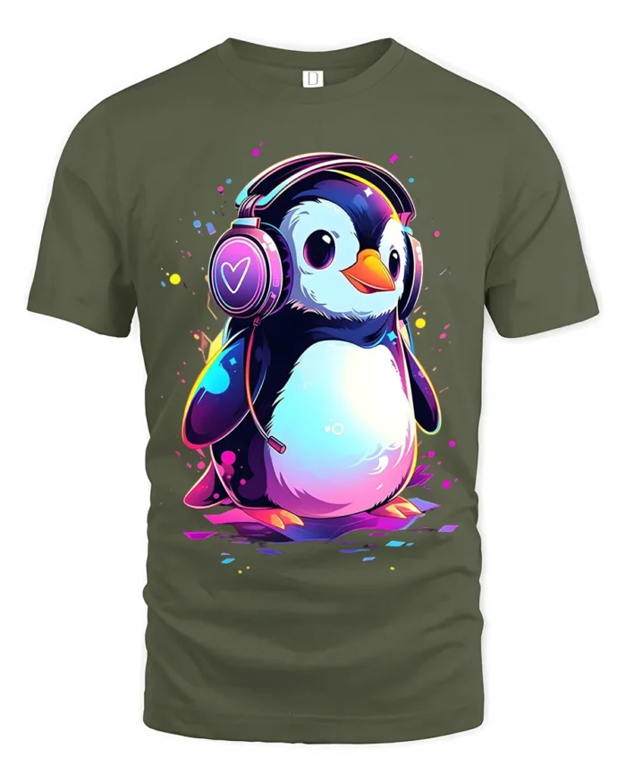 Cute Penguin DJ T-Shirt for Music Lovers Soft Cotton Tee with Vibrant Print - military green t-shirt on white background