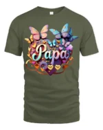 Papa Heart Butterfly T-Shirt Colorful Gift Tee for Dad’s Birthday or Father’s Day - military green t-shirt on white background