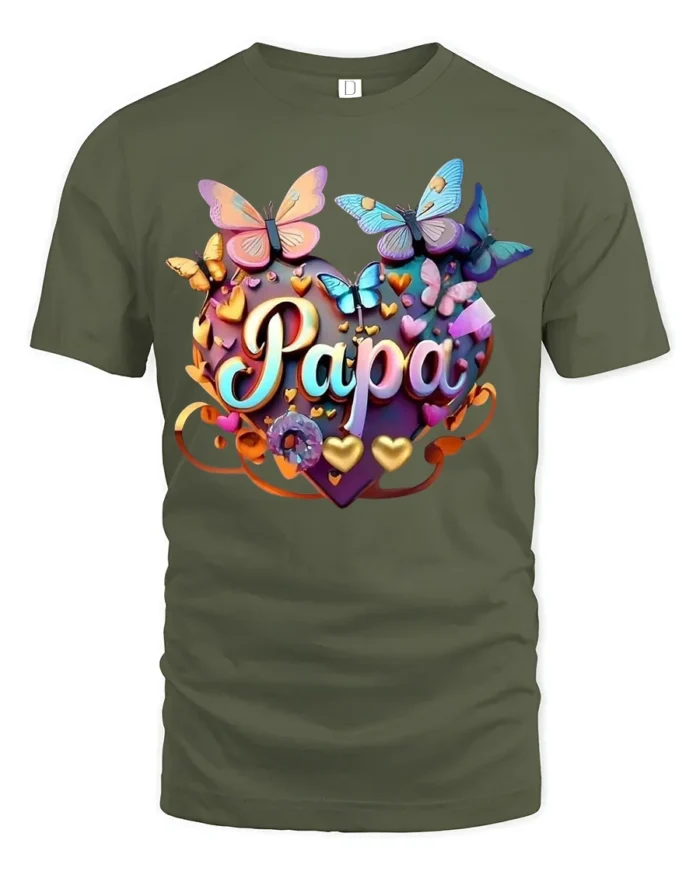 Papa Heart Butterfly T-Shirt Colorful Gift Tee for Dad’s Birthday or Father’s Day - military green t-shirt on white background