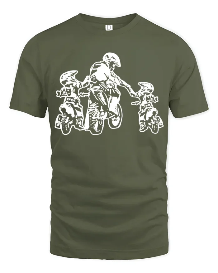 Dad and Kids Motocross T-Shirt Dirt Bike Rider Gift Tee for Father’s Day USA - military green t-shirt on white background