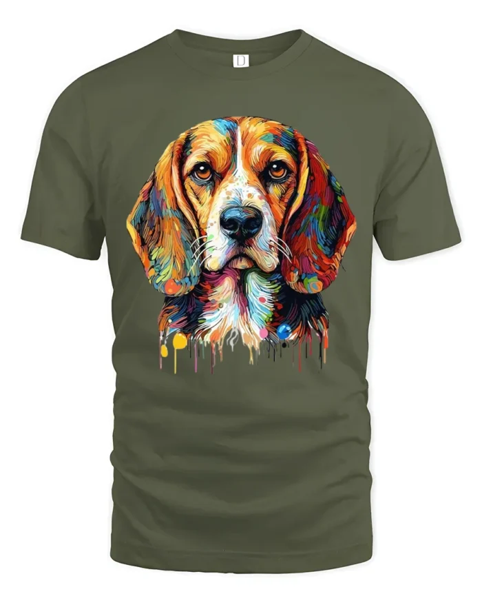 Rainbow Beagle Art T-Shirt Cute Colorful Dog Graphic Tee for Animal Fans - military green t-shirt on white background