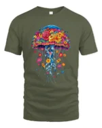 Floral Jellyfish T-Shirt Vibrant Ocean Nature Tee for Flower and Sea Lovers - military green t-shirt on white background
