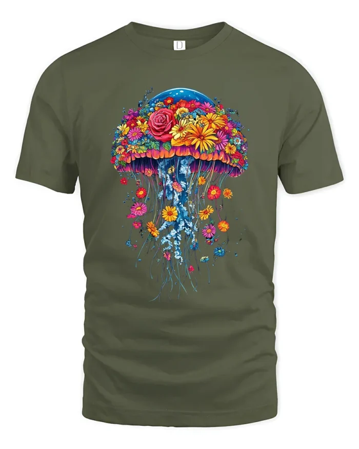 Floral Jellyfish T-Shirt Vibrant Ocean Nature Tee for Flower and Sea Lovers - military green t-shirt on white background