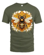 Bee Lover T-Shirt Stylish Honeycomb Insect Art Tee for Nature Fans and Gardeners - military green t-shirt on white background