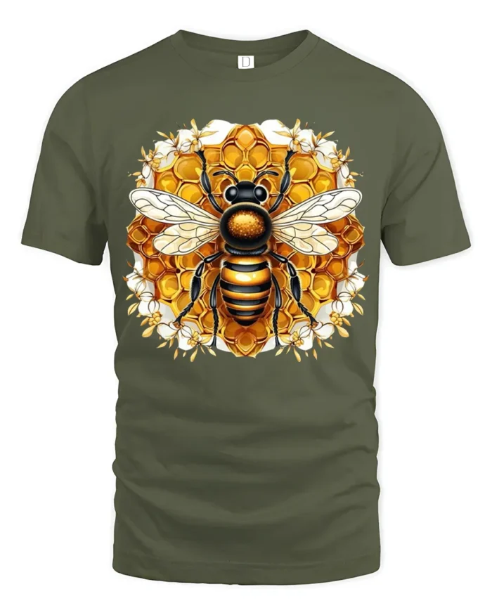 Bee Lover T-Shirt Stylish Honeycomb Insect Art Tee for Nature Fans and Gardeners - military green t-shirt on white background