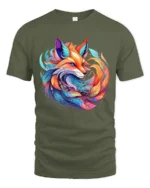 Colorful Fox T-Shirt Artistic Spirit Animal Tee with Vivid Fantasy Design - military green t-shirt on white background