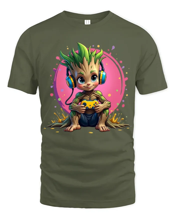Gaming Tree Sprout T-Shirt - Funny Nerdy Tee with Headphones and Controller - military green t-shirt on white background
